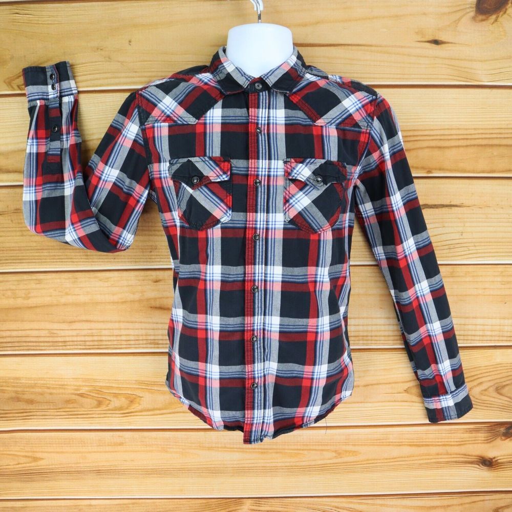 Aeropostale Western Button Up Shirt Pearl Snap Men M Black Red White Long Sleeve